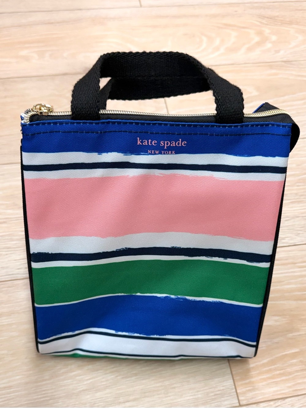 kate spade striped canvas lunch box- pink, green, blue